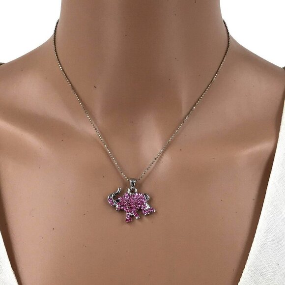 Adult Jewels Necklace Pink Crystal Encrusted Elephant Silver Tone - Picture 1 of 2